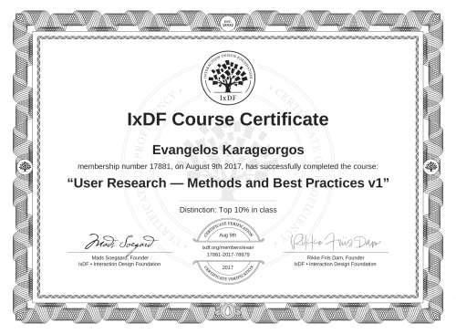 User Research — Methods and Best Practices v1 certificate