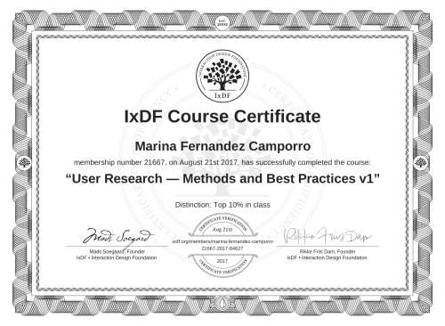 User Research — Methods and Best Practices v1 certificate
