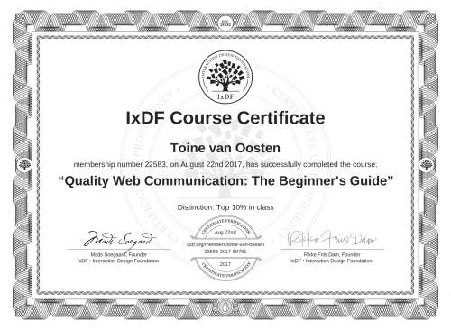 Quality Web Communication: The Beginner's Guide certificate