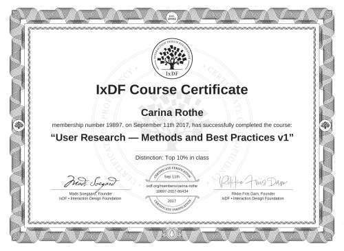 User Research — Methods and Best Practices v1 certificate
