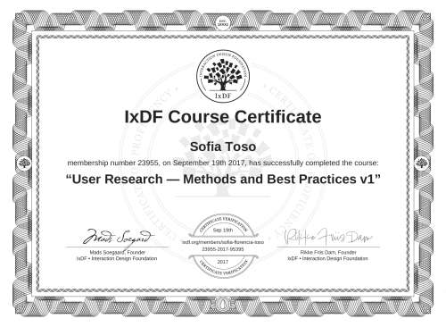 User Research — Methods and Best Practices v1 certificate