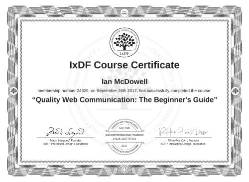 Quality Web Communication: The Beginner's Guide certificate
