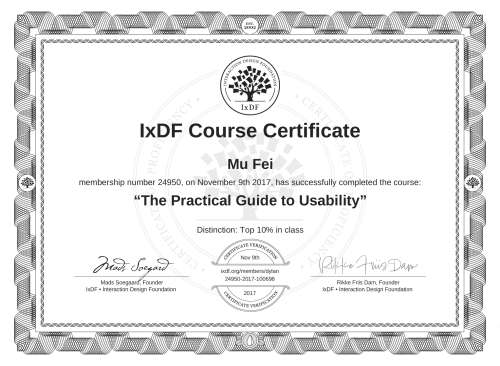 The Practical Guide to Usability certificate