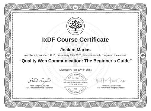 Quality Web Communication: The Beginner's Guide certificate