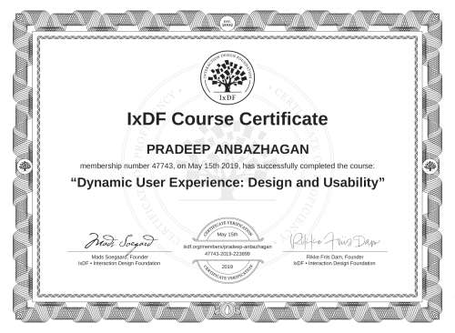 Dynamic User Experience: Design and Usability certificate