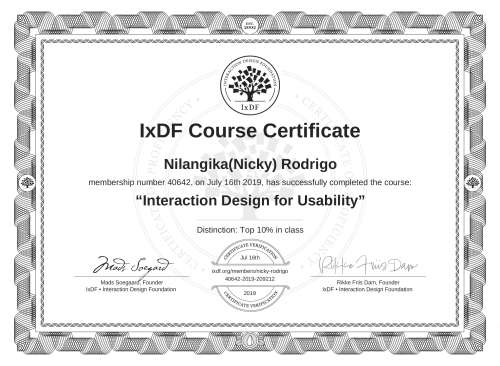 Interaction Design for Usability certificate