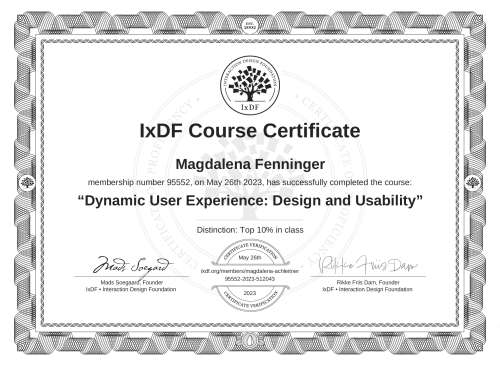 Dynamic User Experience: Design and Usability certificate