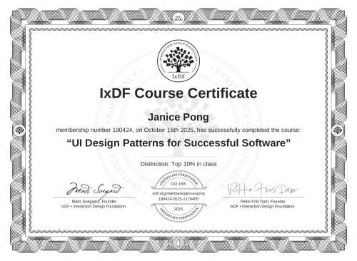 UI Design Patterns for Successful Software certificate