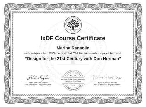 Design for the 21st Century with Don Norman certificate