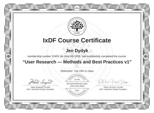 User Research — Methods and Best Practices v1 certificate