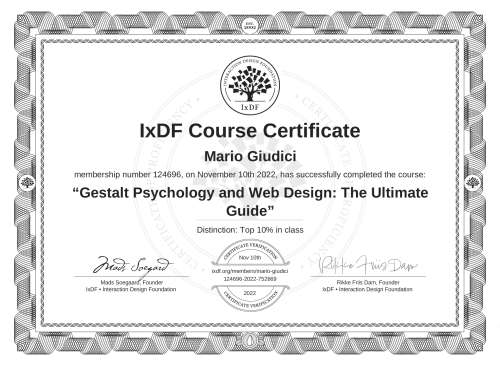 IxDF Course Certificate awarded to Mario Giudici for completing the "Gestalt Psychology and Web Design: The Ultimate Guide" course