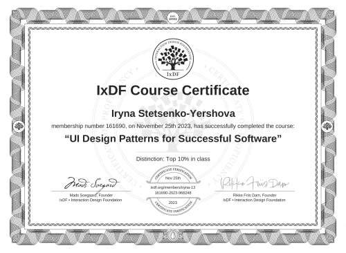 UI Design Patterns for Successful Software certificate