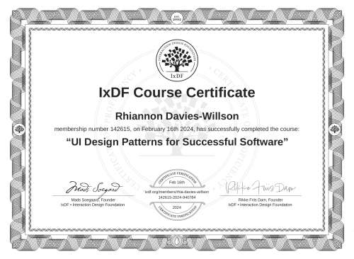UI Design Patterns for Successful Software certificate