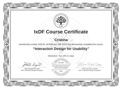 Interaction Design for Usability certificate