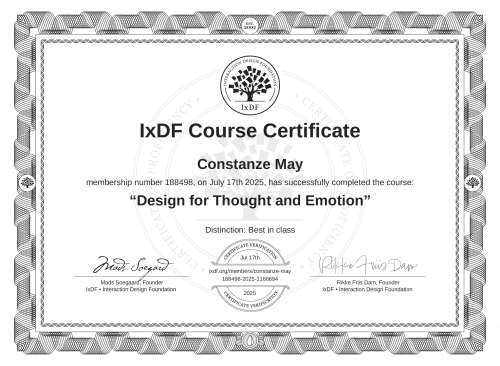 IxDF Course Certificate awarded to Constanze May for completing the "Design for Thought and Emotion" course