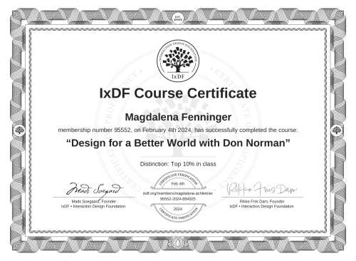 Design for a Better World with Don Norman certificate