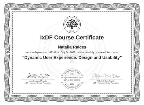 Dynamic User Experience: Design and Usability certificate