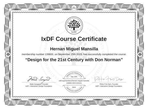 Design for the 21st Century with Don Norman certificate