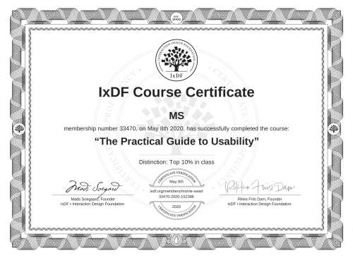 The Practical Guide to Usability certificate