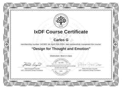 Design for Thought and Emotion certificate