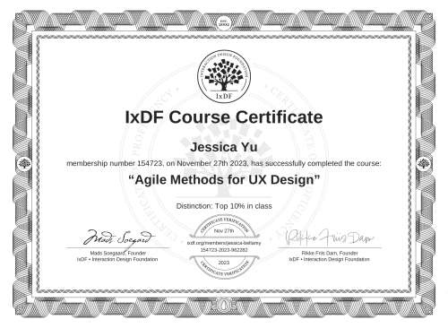 IxDF Course Certificate awarded to Jessica Yu for completing the "Agile Methods for UX Design" course