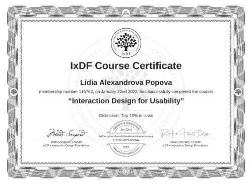 Interaction Design for Usability certificate