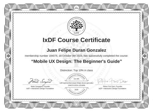Mobile UX Design: The Beginner's Guide certificate