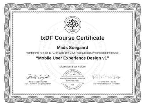 Mobile User Experience Design v1 certificate