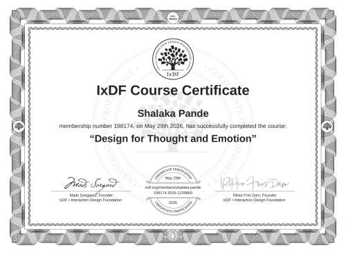 Design for Thought and Emotion certificate