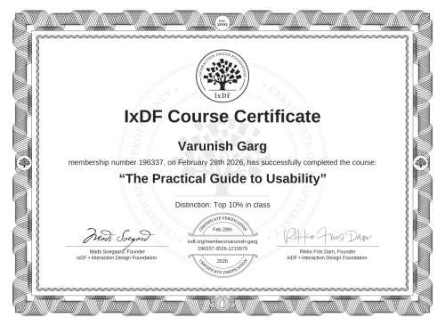 The Practical Guide to Usability certificate