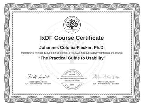 The Practical Guide to Usability certificate