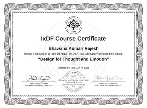 Design for Thought and Emotion certificate