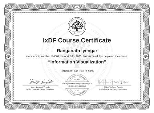 IxDF Course Certificate awarded to Ranganath Iyengar for completing the "Information Visualization" course