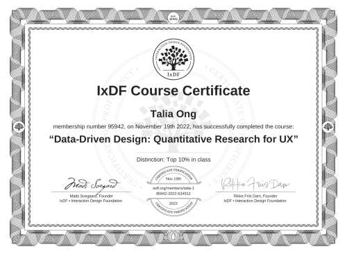 IxDF Course Certificate awarded to Talia Ong for completing the "Data-Driven Design: Quantitative Research for UX" course