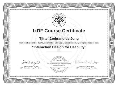 Interaction Design for Usability certificate
