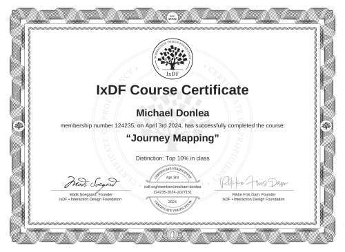 IxDF Course Certificate awarded to Michael Donlea for completing the "Journey Mapping" course