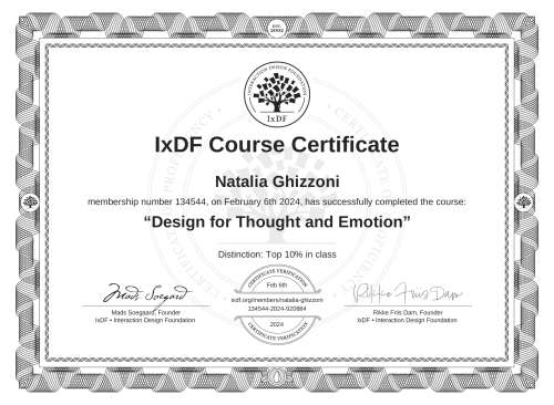 Design for Thought and Emotion certificate