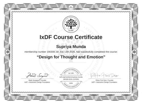 Design for Thought and Emotion certificate
