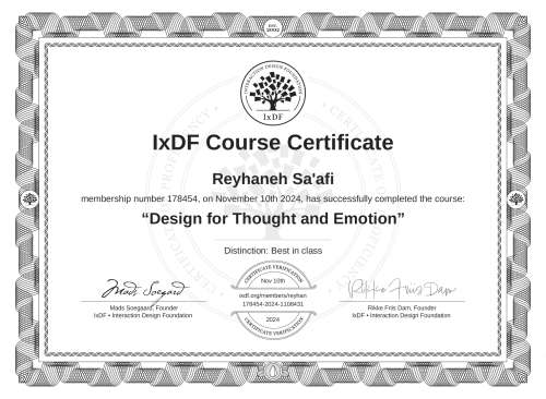 Design for Thought and Emotion certificate