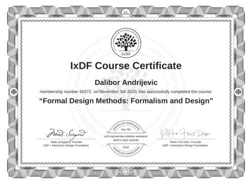 Formal Design Methods: Formalism and Design certificate