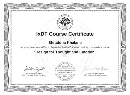 Design for Thought and Emotion certificate