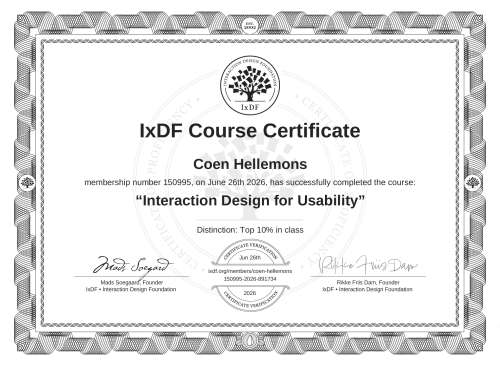Interaction Design for Usability certificate