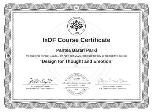 Design for Thought and Emotion certificate