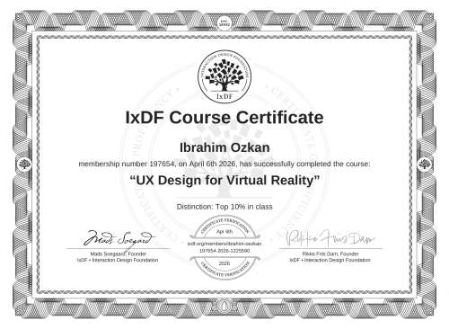 UX Design for Virtual Reality certificate