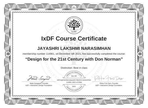 Design for the 21st Century with Don Norman certificate