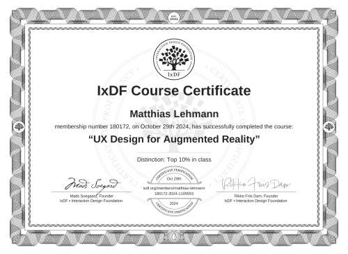UX Design for Augmented Reality certificate