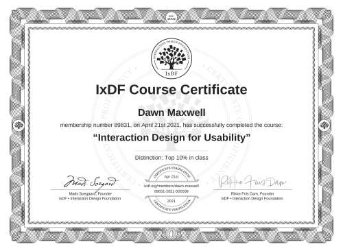Interaction Design for Usability certificate