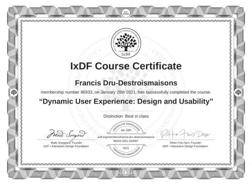 Dynamic User Experience: Design and Usability certificate