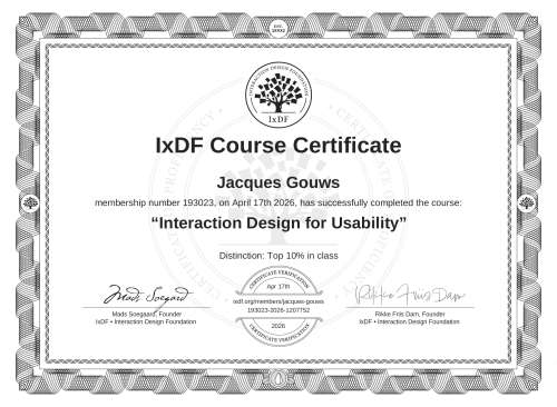 Interaction Design for Usability certificate