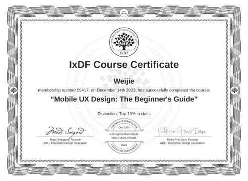 Mobile UX Design: The Beginner's Guide certificate